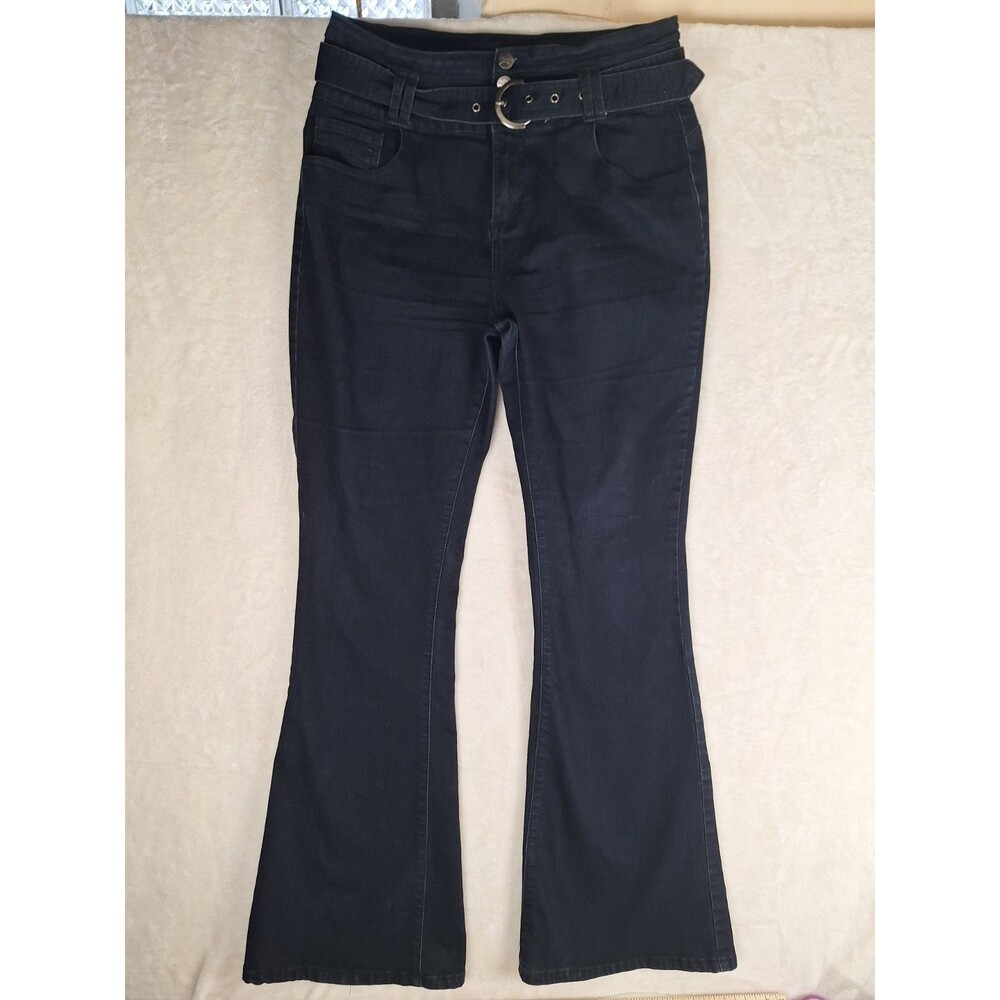 Mitzi Michel Button Front Jeans Juniors 15 Flare Black High Rise Belted 30x33 - Picture 1 of 11